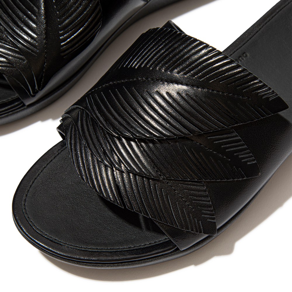 Fitflop Womens Slides Black - Sola Feather Metallic Leather - MV3410578